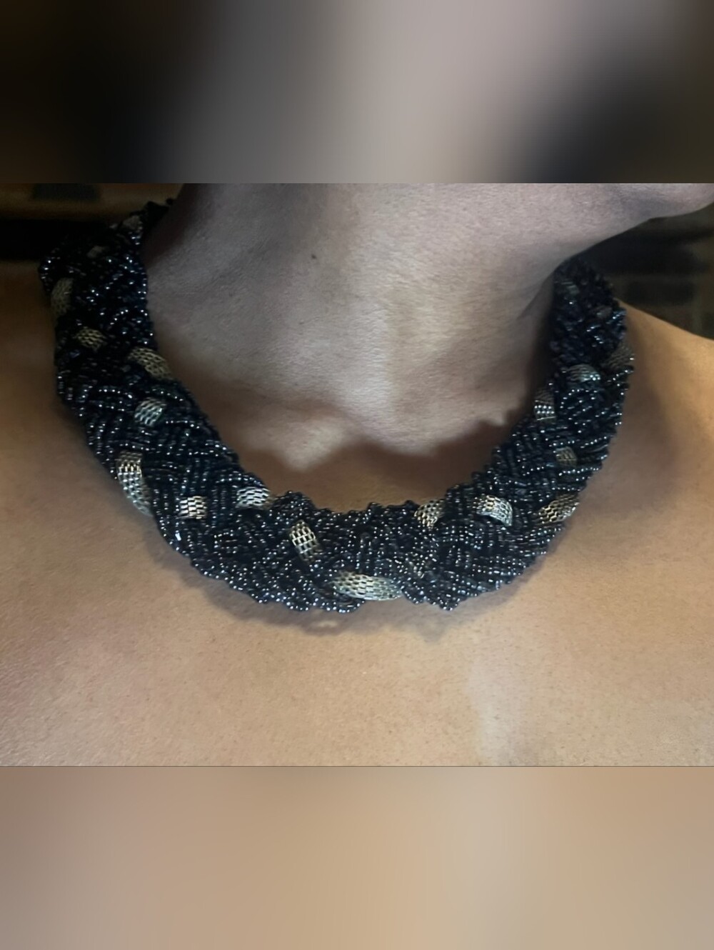 Braided Black and Gold Seed Bead Statement Necklace